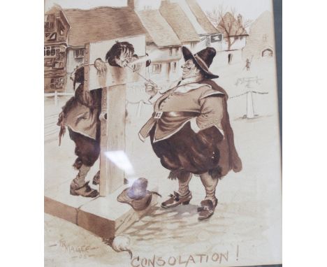 F R MCGEE (19th/20th century); cartoon featuring a man in stocks being given a puff from a clay pipe by a Puritan dressed gen