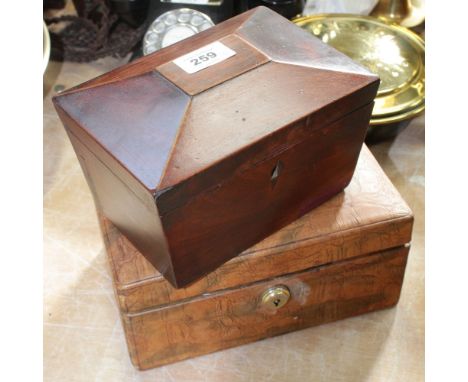 A 19th century mahogany sarcophagus tea caddy (lacking original liners) and a vintage faux crocodile skin jewellery box (2).