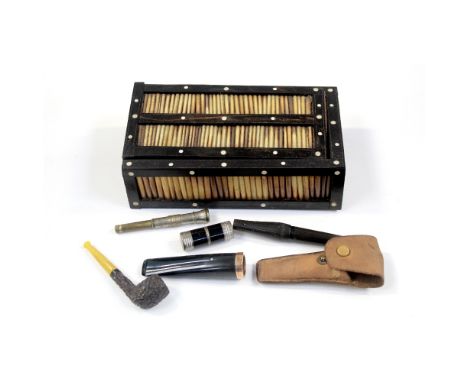 A porcupine quill box with pipes to include a miniature briar pipe and a cased Dunhill cheroot with gold rim etc.