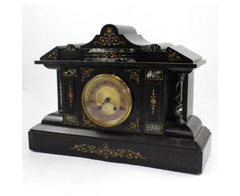 A Victorian slate mausoleum-style eight-day mantel clock with gilt and marble inlay, the gilded dial set with Arabic numerals