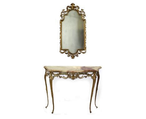 An onyx and metal hall console tale in the Italian style, bow-front to cabriole supports and paw feet and a matching gilded m