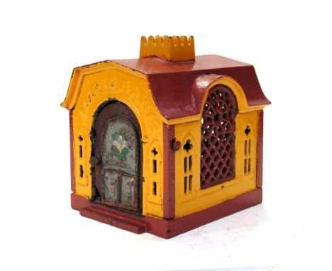 An original late 19th century novelty cast iron money bank, 'Magic Bank', stamped to base, 'Patd June 8 1875, Patd Aug 5th 18