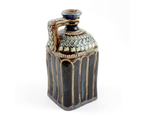 A Royal Doulton square-based Secessionist ceramic bottle (lacking stopper), signed AW to the base and with Victorian kite mar