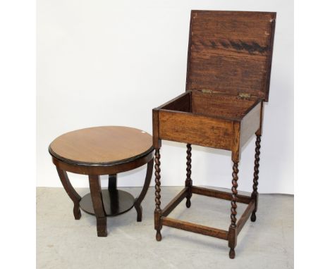 A c1940s oak side table on wrythen supports and stretchers, 48 x 48cm and an Art Deco style mahogany circular occasional tabl