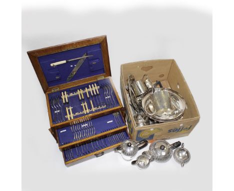 An early 20th century oak part canteen of flatware, a four-piece silver-plated tea service by Walker &amp; Hall, three three-