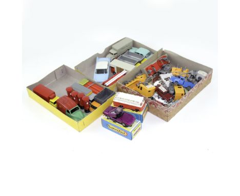 A quantity of Lesney trucks and vehicles, three Dinky by Meccano vehicles, '470 Austin Shell Van', a blue Plymouth Plaza and 