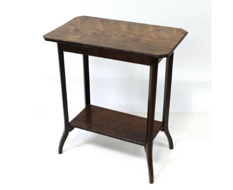 An Edwardian rosewood rectangular side table with floral paterae and line inlay, supported on shaped square tapering legs uni