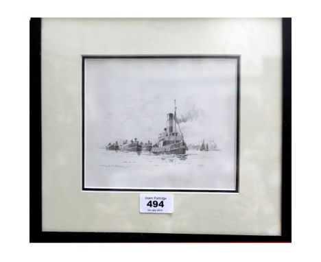 SAMUEL JOHN MILTON BROWN (1907-1994); pencil sketch on paper of a tug leading barges into harbour, signed lower-left, 14 x 17