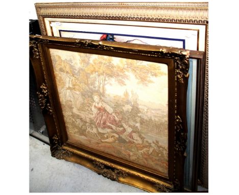 A collection of pictures and prints to include a signed Montague Dawson maritime nocturne print featuring sailing ships at ha