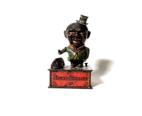 An original late 19th century novelty cast iron money bank, 'Stump Speaker', height 27cm. CONDITION REPORT Retains original p
