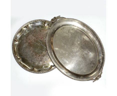 A large oval rope-edged EPNS tray, width 69cm, a silver plate on copper circular example and a brass clock dial with Roman ch