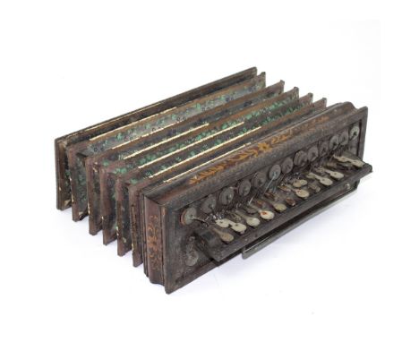 A 19th century squeeze box, mahogany inlaid casing with mother of pearl buttons, each of the panels hand-painted with oak lea