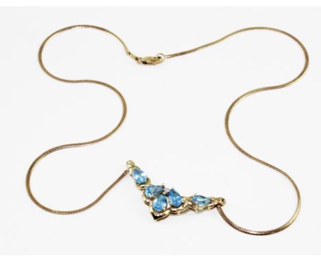 A 9ct gold chain with bar set with five pear-shaped aquamarine-coloured stones and a small diamond, approx 7.7g.