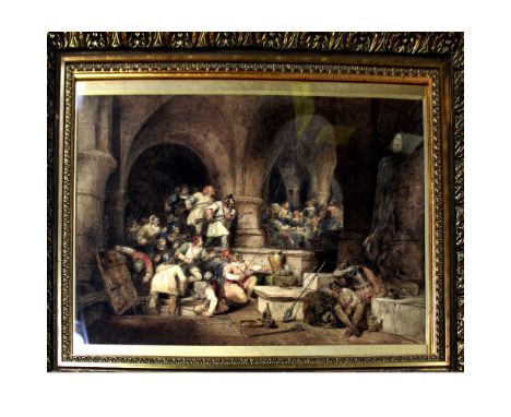 ATTRIBUTED TO GEORGE CATTERMOLE (1800-168); watercolour, military period scene of marauding soldiers entering a banquet in a 