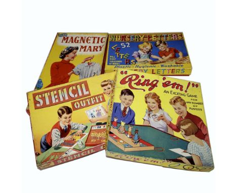 A collection of 1950/60s games to include Nursery Letters, stencil outfit, Ring Em hoopla game, Philmar 'Magnetic Mary' game 