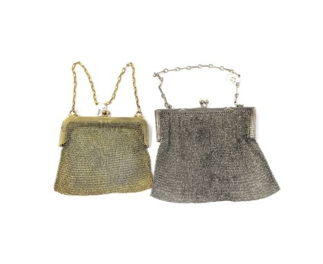 An Edwardian silver chain link evening purse marked 'Silver' and a smaller silver-gilt example marked '925', combined approx 