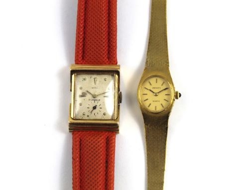A mid-20th century 9ct gold ladies' wristwatch on gold strap and a 14ct gold cased ladies' tank-style watch by Buren with sub