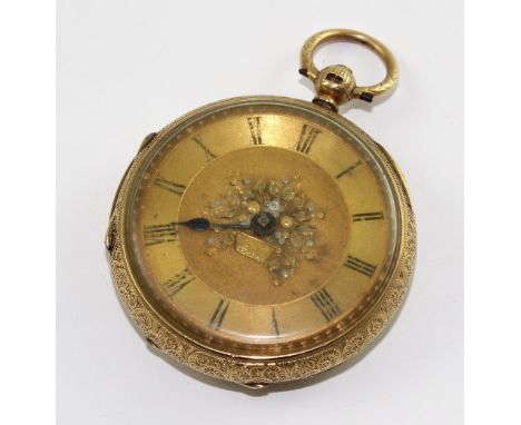 An 18ct gold open-faced, crown-wind heavily engraved pocket watch, the gilded dial with central basket and floral decoration,