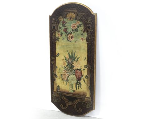 A modern wall-hanging panel painted as a 19th century window frame with flowers, arched to the top and bottom, height 152cm.