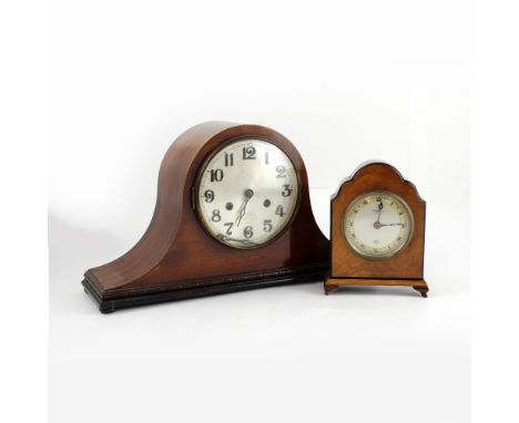 A mahogany Napoleon-cased mantel clock, the dial set with Arabic numerals and a walnut 'J W Benson &amp; Elliott' mantel cloc