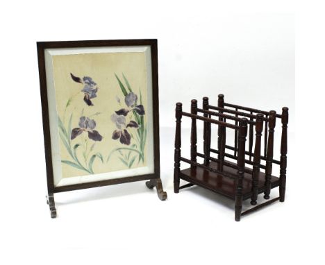 A late 19th century mahogany bobbin-turned Canterbury and an early/mid-20th century square-form mahogany fire screen, the mat