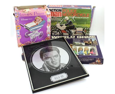 A boxed Palitoy Action Man Police motorcycle, Action Man figure and motorcycle, a boxed Palitoy 'Carrie's Pram' containing pr