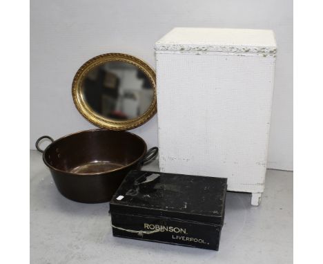 A copper twin-handled jam pan, a contemporary oval gilt-framed wall mirror, a vintage black cash box for 'Robinson's Liverpoo