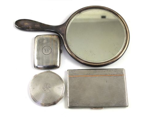 A group of early/mid-20th century hallmarked silver items to include hallmarked silver engine-turned cigarette box with gold 