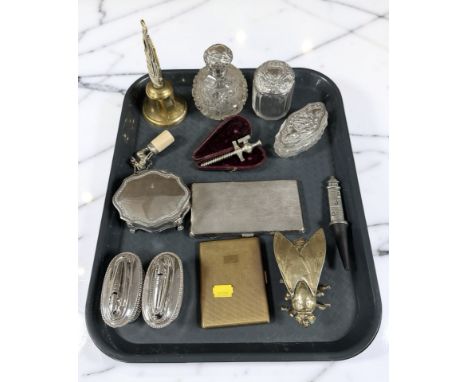 A group of silver mounted crystal dressing table jars, two Ronson table lighters, brass and EPNS wares, brass trinket box in 