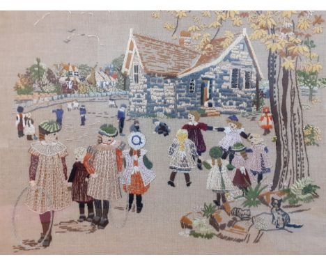 A WW2 period embroidery worked by Annie Hall to ease her anxiety, depicting children playing in a school playground with cott