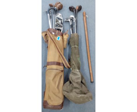 Golf clubs to include Wilson wooden clubs and Jack Southon Power Plus clubs all housed in canvas golf bags together with a ca