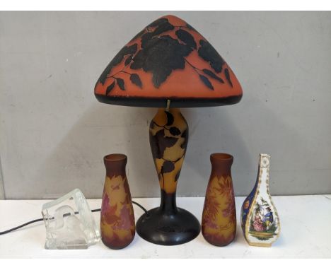 A reproduction Galle style table lamp decorated with flowers and foliage and matching shade, a pair of reproduction Galle  va