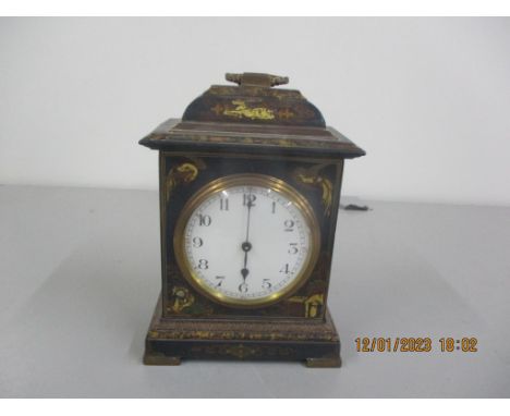 An early 20th century chinoiserie mantel clock of architectural form  and having an 8-day movement, 23cm h x 14cm wLocation: 