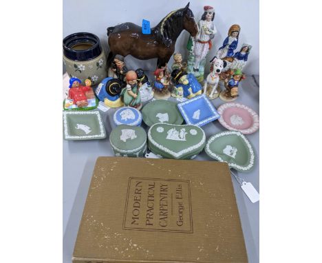 A mixed lot to include Staffordshire figures, Wedgwood jasperware, Goebel figures, Beswick horse, Coalport Paddington Bear an