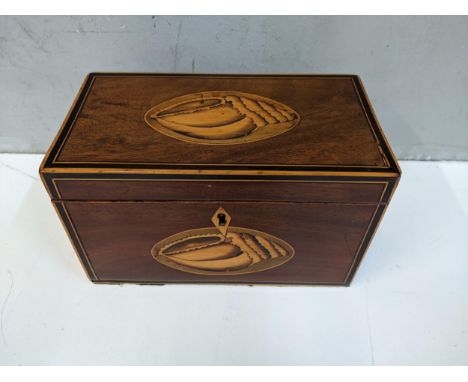 A George III inlaid mahogany tea caddy with shell ornamentLocation: 