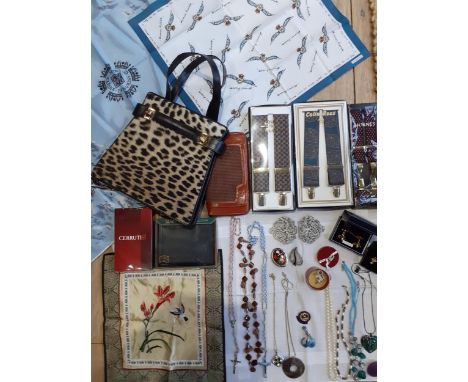 A mixed lot to include a mid 20th Century ocelot handbag, 3 pairs of gent's braces, a sealed 90ml bottle of gents Cerruti 'Si