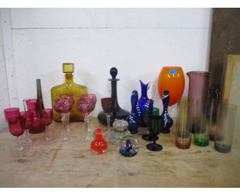 A collection of Victorian and later coloured art glass to include an amber Empoli decanter and stopper, Victorian Bristol gla