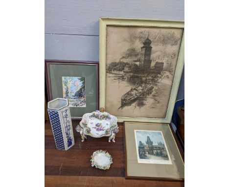 Mixed items to include a Viktor Stretti lithograph, Capodimonte, 19th century Vienna porcelain basket and other itemsLocation