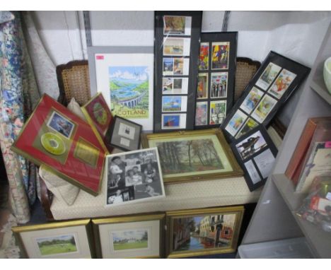 A group of framed and glazed pictures and music memorabilia to include three prints of railway travel posters, a Fish CD for 