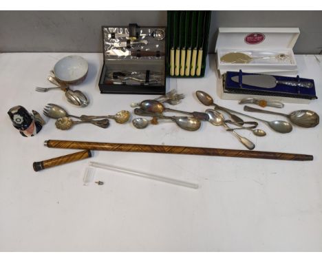 Collectables to include a Royal Doulton character jug, a silver handled cake knife, silver plated flatware, a cocktail set, a