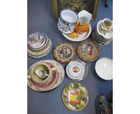 A mixed lot of ceramic plates, wall chargers, wash bowl and jug, chamber pots, and other items to include two Beswick Shakesp
