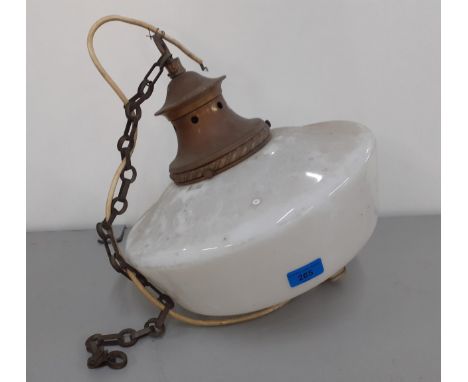 An English 1930's copper ceiling light with white milk glass shadeLocation: rostrum 