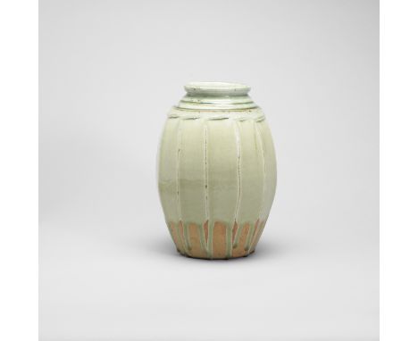Richard BatterhamJar, 2000s-2010sStoneware, pale green ash glaze over a cut-sided body, darker blue green glaze over incised 