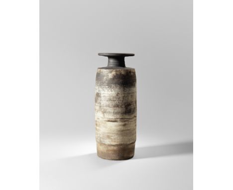 Hans CoperBottle vase with disc, circa 1957Stoneware, layered white porcelain slips and engobes over a body with textured and