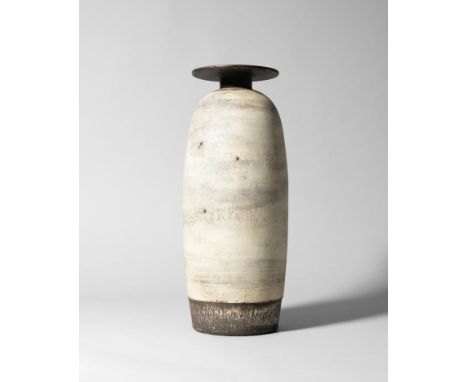 Hans CoperImportant tall bottle vase with disc, circa 1968Stoneware, layered white porcelain slips and engobes over a body wi