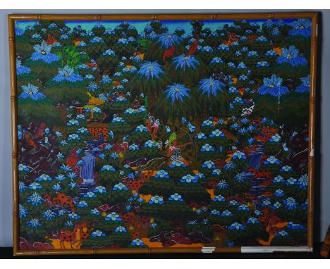 A 20TH CENTURY BALINESE PAINTING, depicting a hunting scene, oil on board, 25in x 32in.