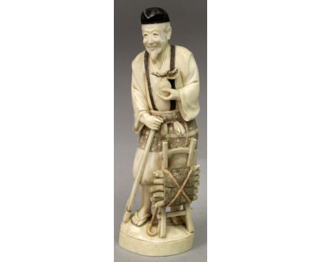 A GOOD QUALITY SIGNED JAPANESE MEIJI PERIOD IVORY OKIMONO OF A WOODCUTTER, carved from a single piece of ivory, the woodcutte