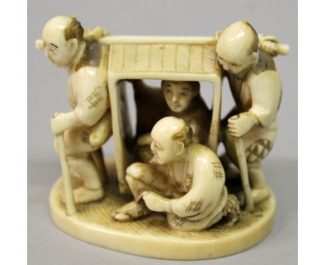 A LARGE SIGNED JAPANESE MEIJI PERIOD IVORY NETSUKE, in the form of a man kneeling beside a palanquin inside of which is a sea