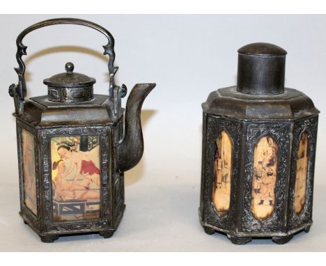 A 20TH CENTURY CHINESE EROTIC PEWTER TEAPOT & COVER, with printed glass framed figural panels, 5.6in long including handle & 