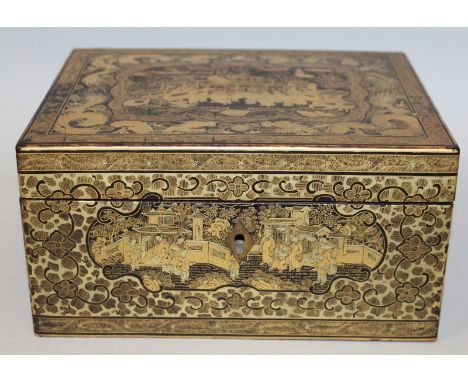 A GOOD QUALITY 19TH CENTURY CHINESE GILT LACQUERED WOOD & PEWTER RECTANGULAR TEA CADDY, the sides and cover decorated with fi